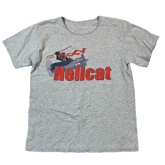 Hellcat Cartoon Fighter Plane T-Shirt Gray WWII Unique Exposed Stitch Collar - Picture 1 of 8